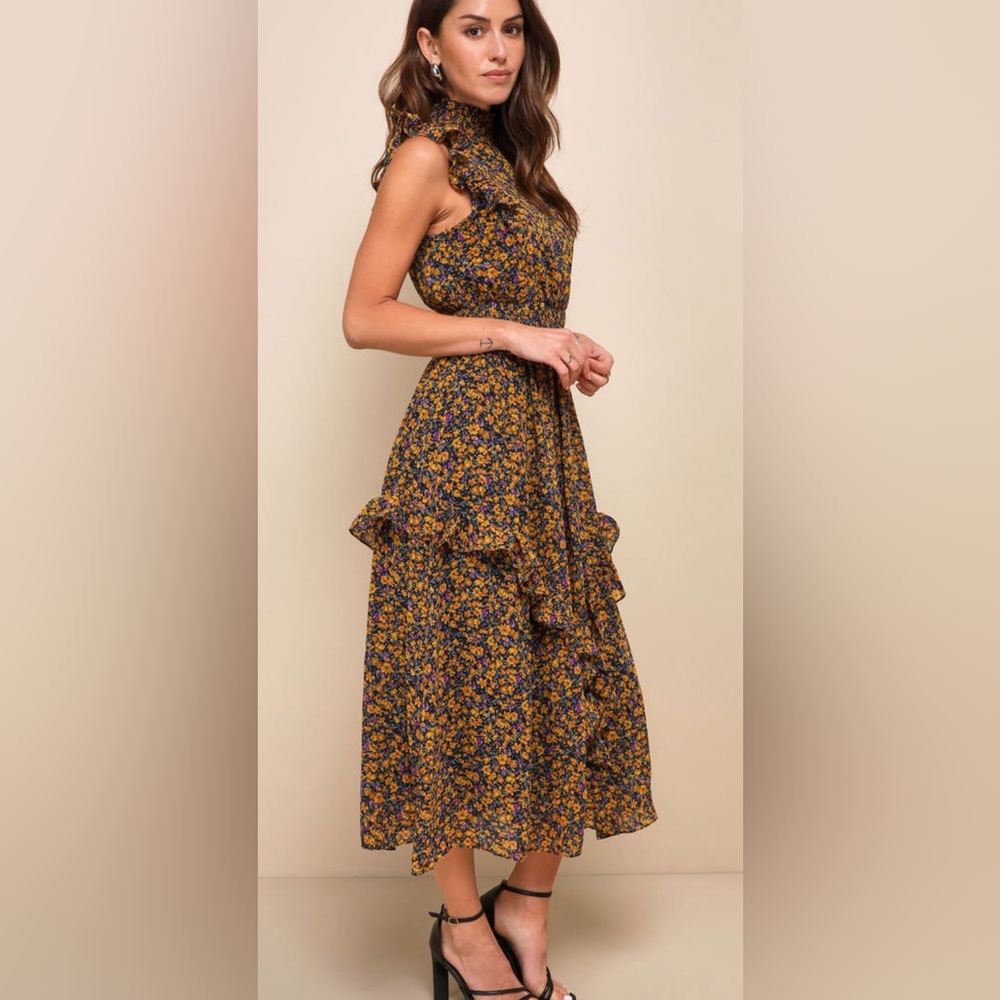 Lulus size small spring floral, high neckline maxi, ruffle dress